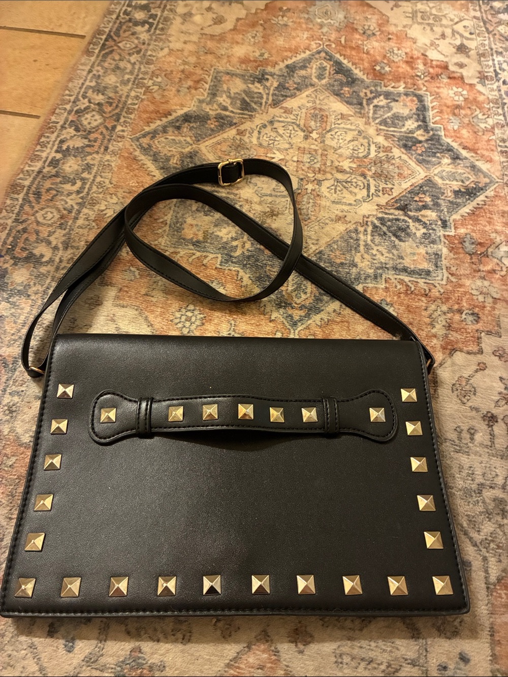 Black Studded Crossbody Bag with Gold Pyramid Studs